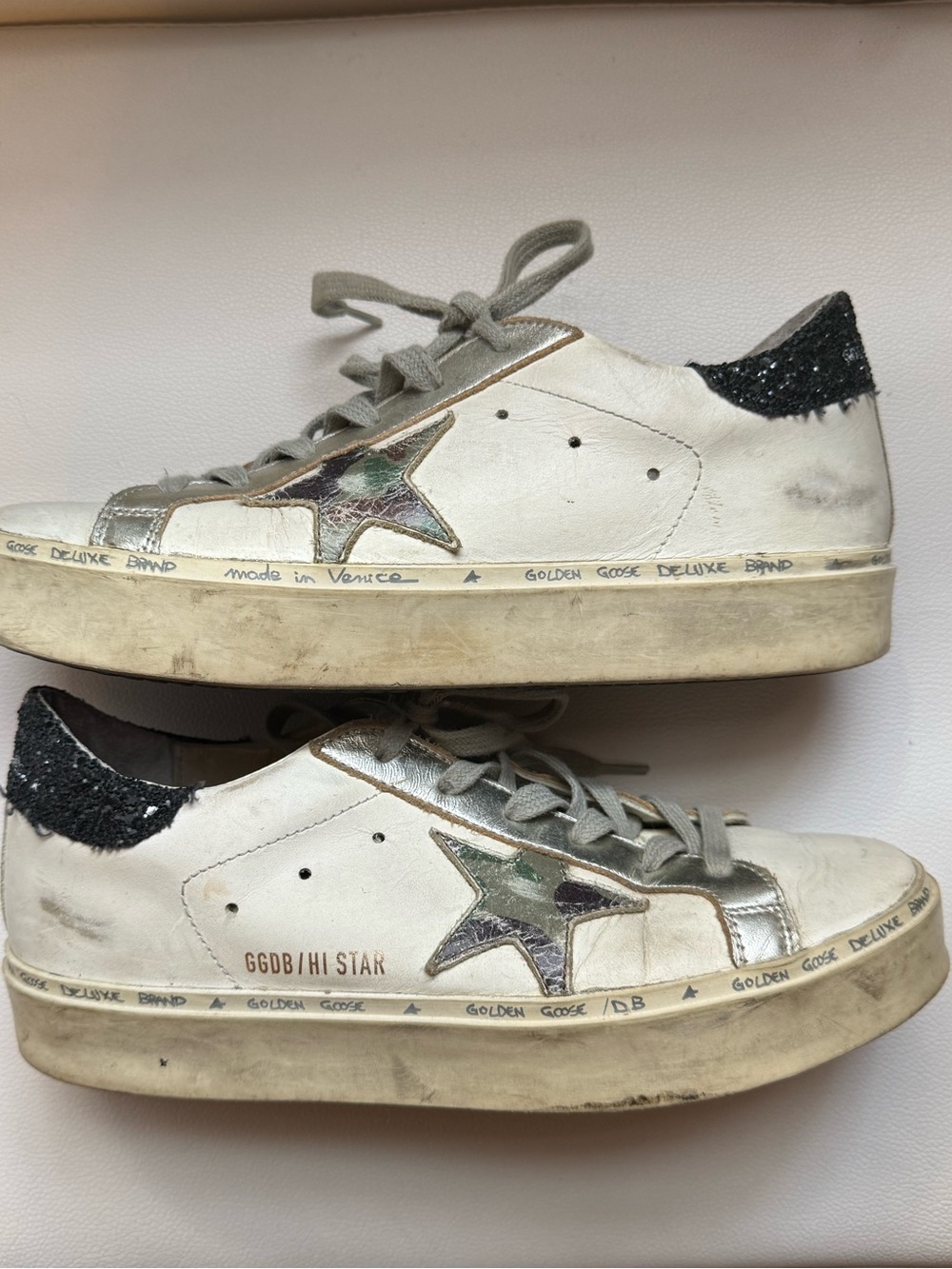 Goldengoose Hi Star Leather Sneaker with Black Glitter Heel - White/Silver